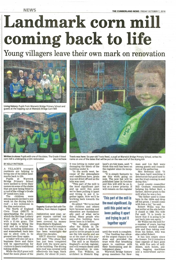 Cumberland News article.7th October 2016 newspaper article featuring local school children at warwick bridge corn mill