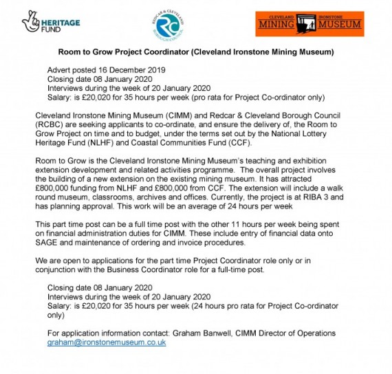 job advert Room to Grow project details of job with Cleveland Ironstone Mining Museum